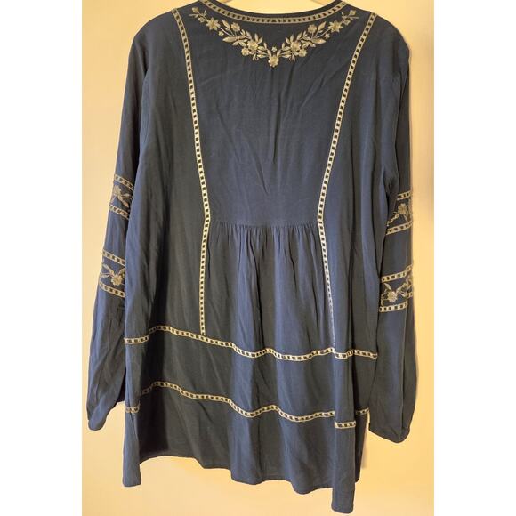 J. Jill Blouse Womens Sz M Teal Blue Boho Embroidered Peasant Long Sleeve Top - Picture 5 of 8